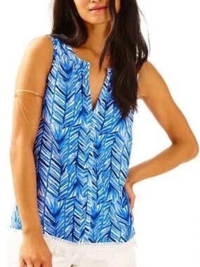 Lilly Pulitzer Kipper Lapis Blue Fringe Tank Top Summer Beach Resortwear Size M